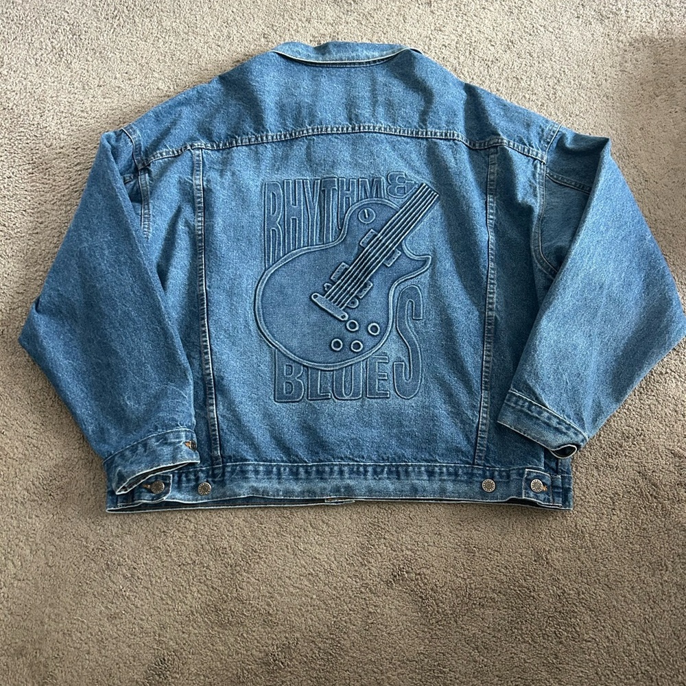 VTG TYCA Blue Jean Denim Jacket  Made USA Embossed Rhythm Blues‎ XXLarge BIKER